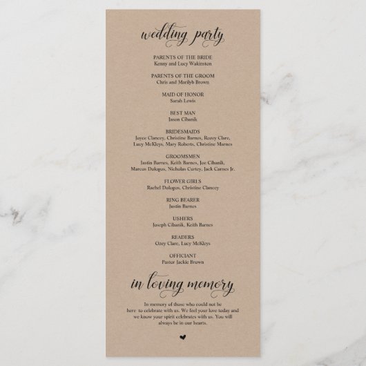 Elegante Classy Brown Rustic Kraft huwelijksceremo Programmakaart (Achterkant)