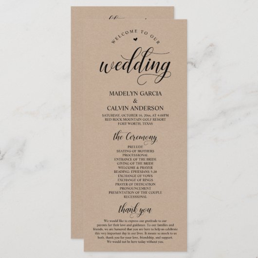 Elegante Classy Brown Rustic Kraft huwelijksceremo Programmakaart (Voorkant / Achterkant)