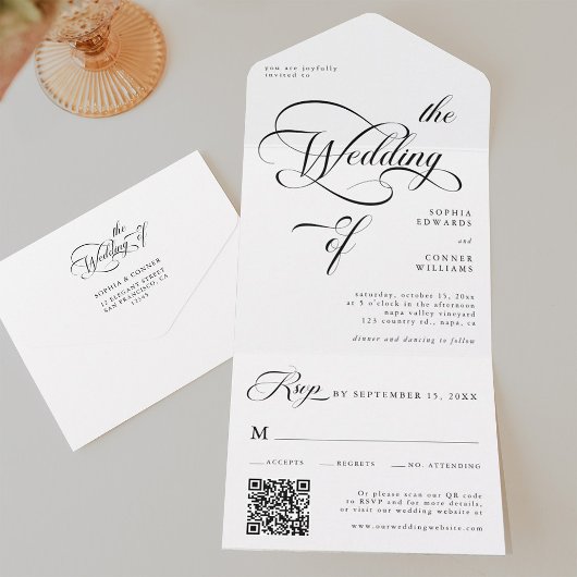 Elegante Classy Calligraphy Trouwen Zwart & Wit All In One Uitnodiging