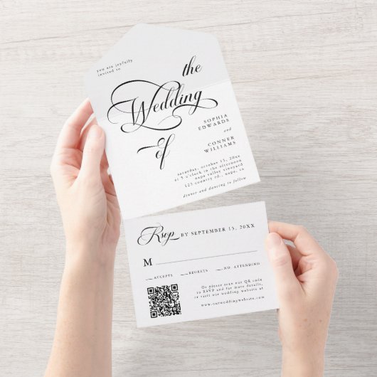 Elegante Classy Calligraphy Trouwen Zwart & Wit All In One Uitnodiging (Afscheurbaar)