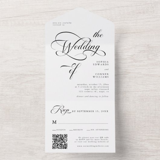 Elegante Classy Calligraphy Trouwen Zwart & Wit All In One Uitnodiging (Binnen)
