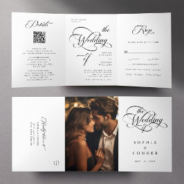 Elegante Classy Calligraphy Trouwen Zwart & Wit Drieluik Uitnodiging