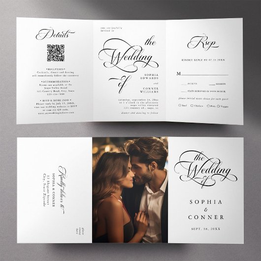 Elegante Classy Calligraphy Trouwen Zwart & Wit Drieluik Uitnodiging