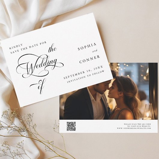 Elegante Classy Calligraphy Trouwen Zwart & Wit Save The Date
