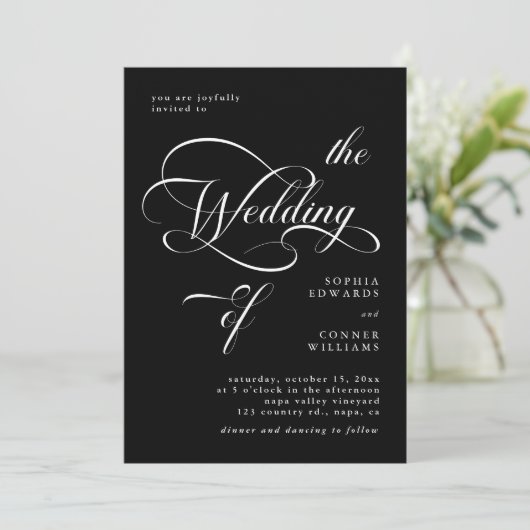 Elegante Classy Calligraphy Wedding Black Kaart (Staand voorkant)
