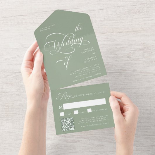 Elegante Classy Calligraphy Wedding Sage Green All In One Uitnodiging (Afscheurbaar)