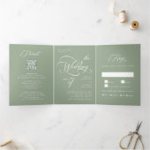 Elegante Classy Calligraphy Wedding Sage Green Drieluik Uitnodiging (Binnen)