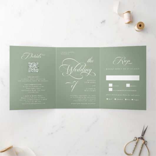 Elegante Classy Calligraphy Wedding Sage Green Drieluik Uitnodiging (Binnen)