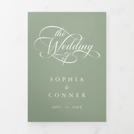 Elegante Classy Calligraphy Wedding Sage Green Drieluik Uitnodiging (Cover)