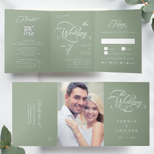 Elegante Classy Calligraphy Wedding Sage Green Drieluik Uitnodiging