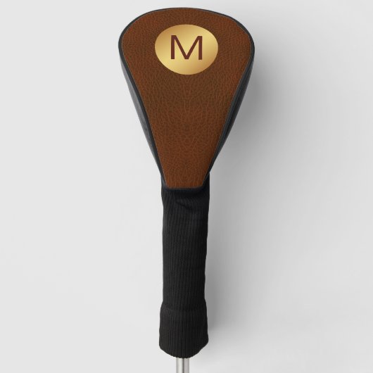 Elegante Classy Faux Brown Leather & Gold Initiaal Golfheadcover (Voorkant)