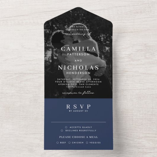 Elegante Classy Foto Navy Blue RSVP Bruiloft All In One Uitnodiging (Binnen)