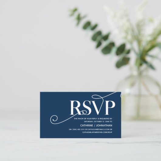Elegante Classy, Navy Blue Script, RSVP Reageer Informatiekaartje (Staand voorkant)