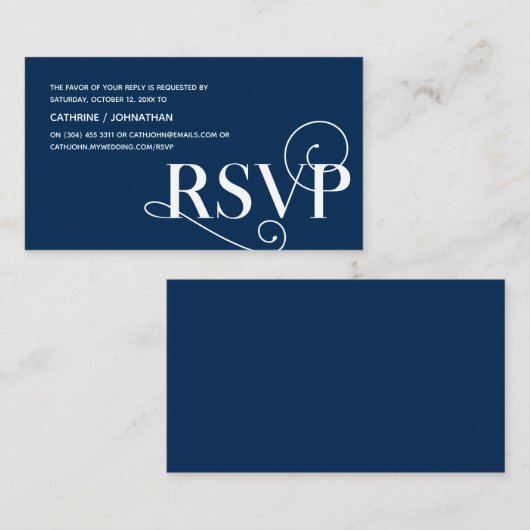 Elegante Classy, Navy Blue Script, RSVP Reageer Informatiekaartje (Voorkant / Achterkant)
