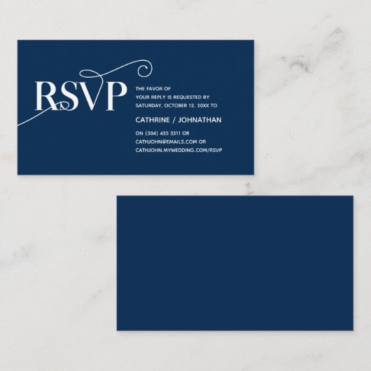 Elegante Classy, Navy Blue Script, RSVP Reageer Informatiekaartje (Voorkant / Achterkant)