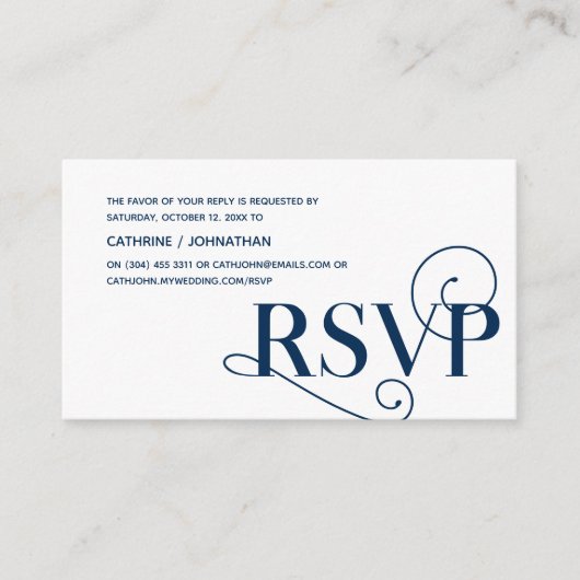 Elegante Classy, Navy Blue Script, RSVP Reageer Informatiekaartje (Voorkant)