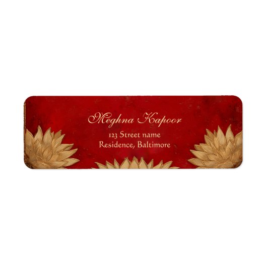 Elegante Classy Rood Goud Lotus Indiase bruiloft Etiket (Voorkant)