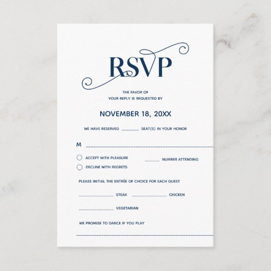 Elegante Classy, RSVP, Navy Blue Font, Reageer Informatiekaartje (Voorkant)
