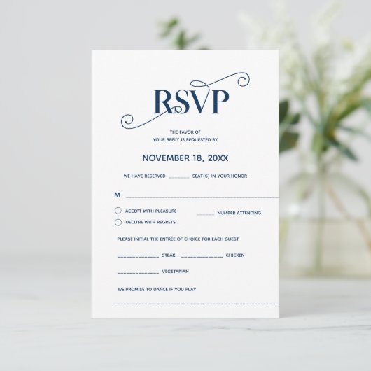 Elegante Classy, RSVP, Navy Blue Font, Reageer Informatiekaartje (Staand voorkant)