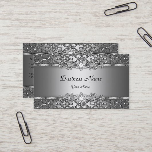 Elegante Classy Silver Grey Damask Embossed Look Visitekaartje (Voorkant / Achterkant in situ)