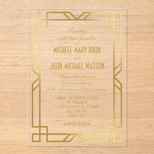 Elegante Classy Transparant Art Deco Gold Wedding Acryl Uitnodigingen (Voorkant)