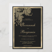Elegante classy zwart gouden kant bloemenbruiloft kaart (Voorkant)