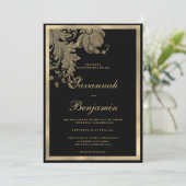 Elegante classy zwart gouden kant bloemenbruiloft kaart (Staand voorkant)