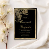 Elegante classy zwart gouden kant bloemenbruiloft kaart