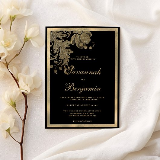 Elegante classy zwart gouden kant bloemenbruiloft kaart