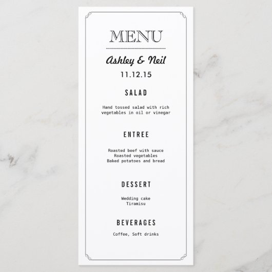 Elegante Classy zwart-wit bruiloft menu (Voorkant)
