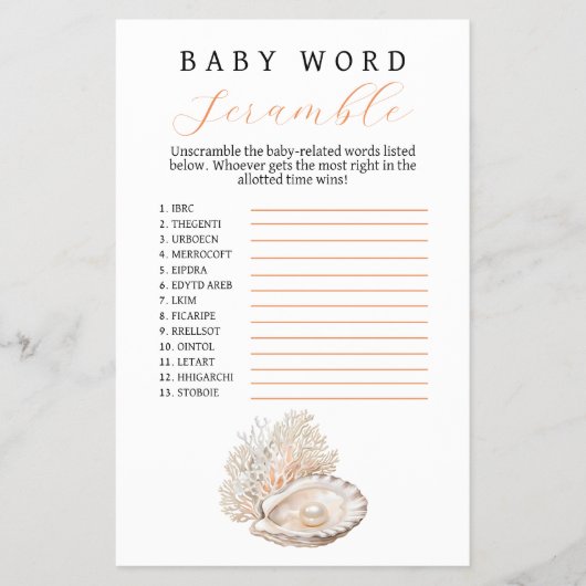 Elegante Coastal Pearl Baby Word Scramble Flyer (Voorkant)