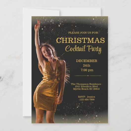 Elegante Cocktail Kerstmis Zwart Goud Party Kaart (Voorkant)