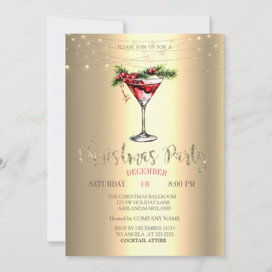 Elegante Cocktail, String Lights Gouden Kerst Kaart (Voorkant)