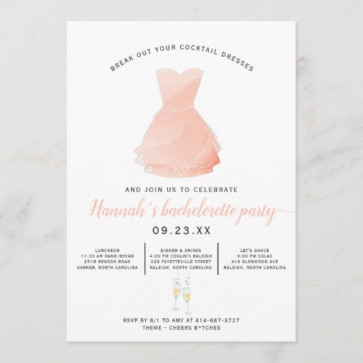 Elegante cocktailjurk | vrijgezellenfeest programmakaart (Voorkant)