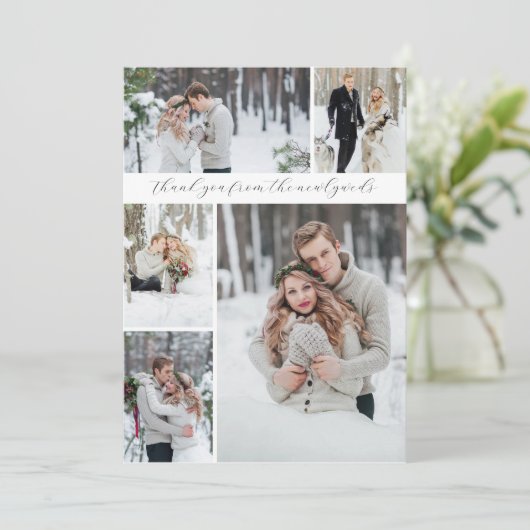 Elegante Collage 5 foto Pas getrouwd bruiloft Dank Kaart (Staand voorkant)