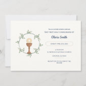 Elegante communie uitnodigen – Bloemenkrans & kelk Kaart (Voorkant)