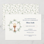 Elegante communie uitnodigen – Bloemenkrans & kelk Kaart (Voorkant / Achterkant)