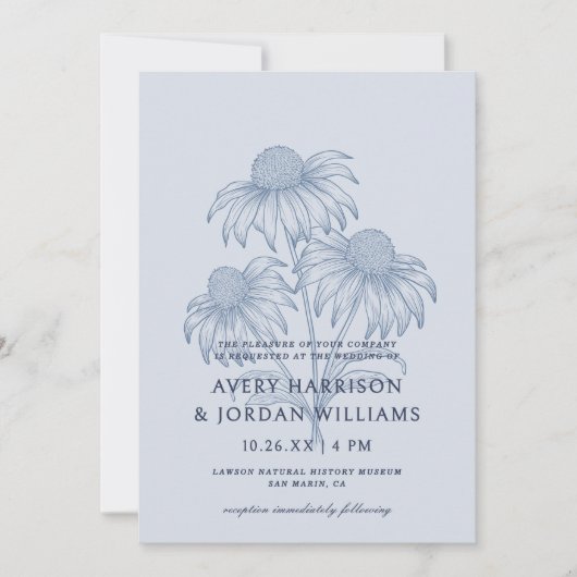 Elegante Coneflower Botanical Dusty Blue Wedding Kaart (Voorkant)