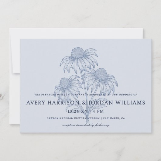 Elegante Coneflower Botanical Dusty Blue Wedding Kaart (Voorkant)