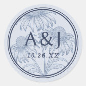 Elegante Coneflower Botanical Dusty Blue Wedding Ronde Sticker (Voorkant)