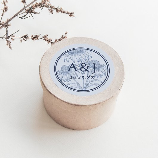 Elegante Coneflower Botanical Dusty Blue Wedding Ronde Sticker