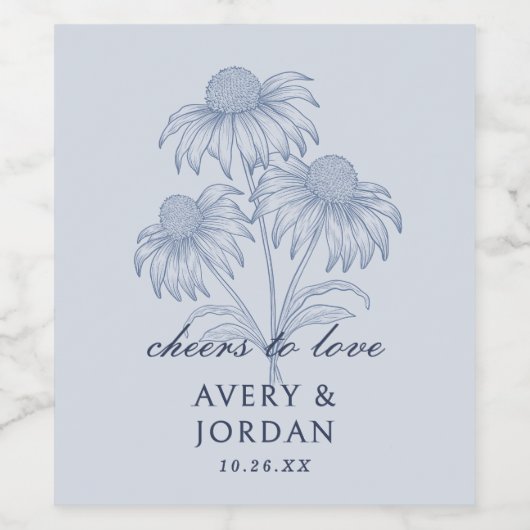 Elegante Coneflower Floral Dusty Blue Wedding Wijn Etiket (Enkel label)