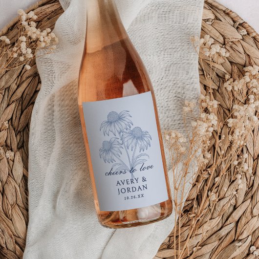 Elegante Coneflower Floral Dusty Blue Wedding Wijn Etiket