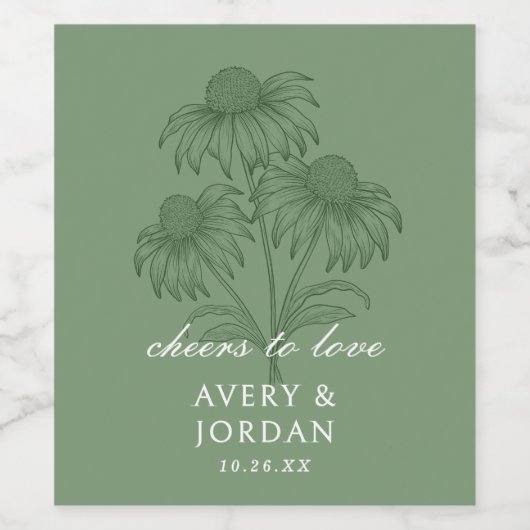 Elegante Coneflower Floral Sage Green Wedding Wijn Etiket (Enkel label)