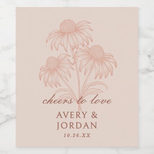 Elegante Coneflower Floral Terracotta bruiloft Wijn Etiket (Enkel label)