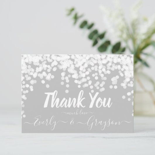 Elegante Confetti Fairy Lights Grijs Wit Dank u Bedankkaart (Staand voorkant)