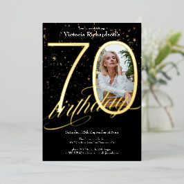 Elegante Confetti foto Zwart Goud 70e Verjaardag Folie Uitnodiging
