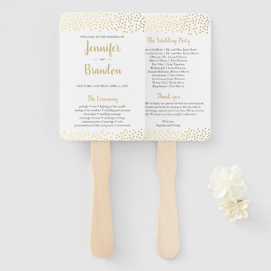 Elegante confetti gouden bruiloft programma fan handwaaier (Voorkant en achterkant)