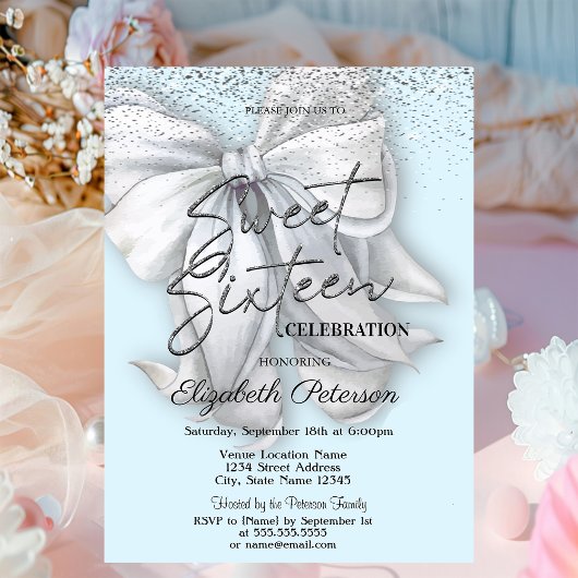 Elegante Confetti Witte Strik Lichtblauwe Sweet 16 Kaart