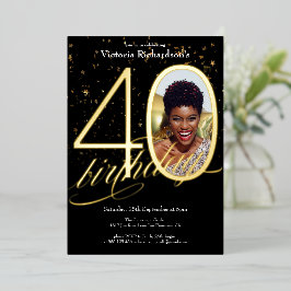 Elegante Confetti Zwart Goud Foto 40e Verjaardag Folie Uitnodiging